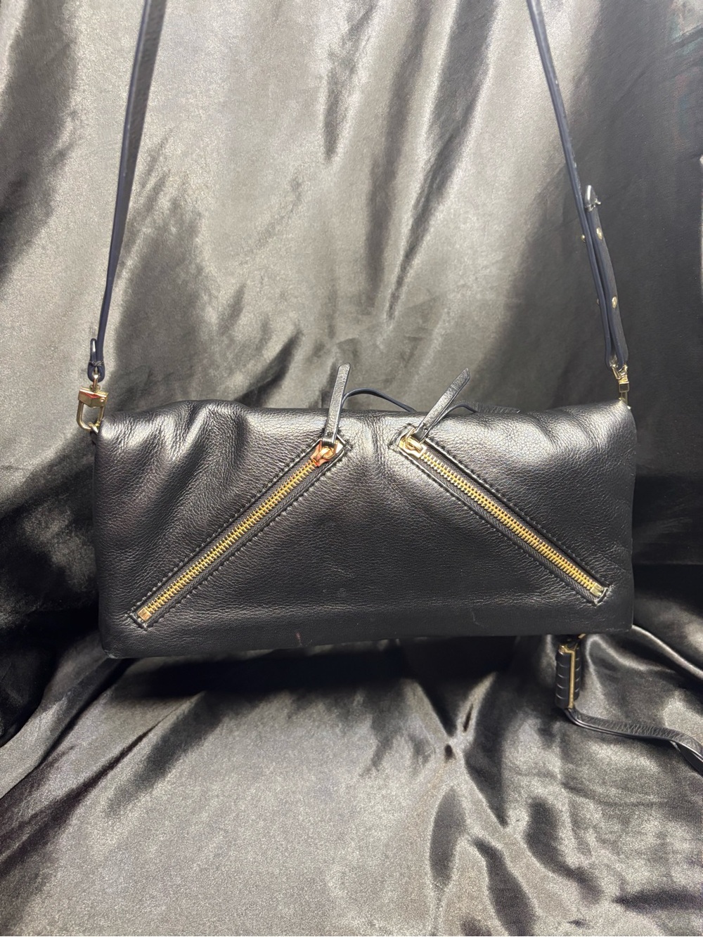 Stella & Dot Covet Waverly Black Leather Foldover Crossbody Bag / Clutch